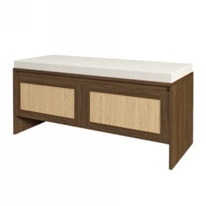 Entryway shoe storage bench with cushioned seat and two faux rattan cabinet doors on a white background