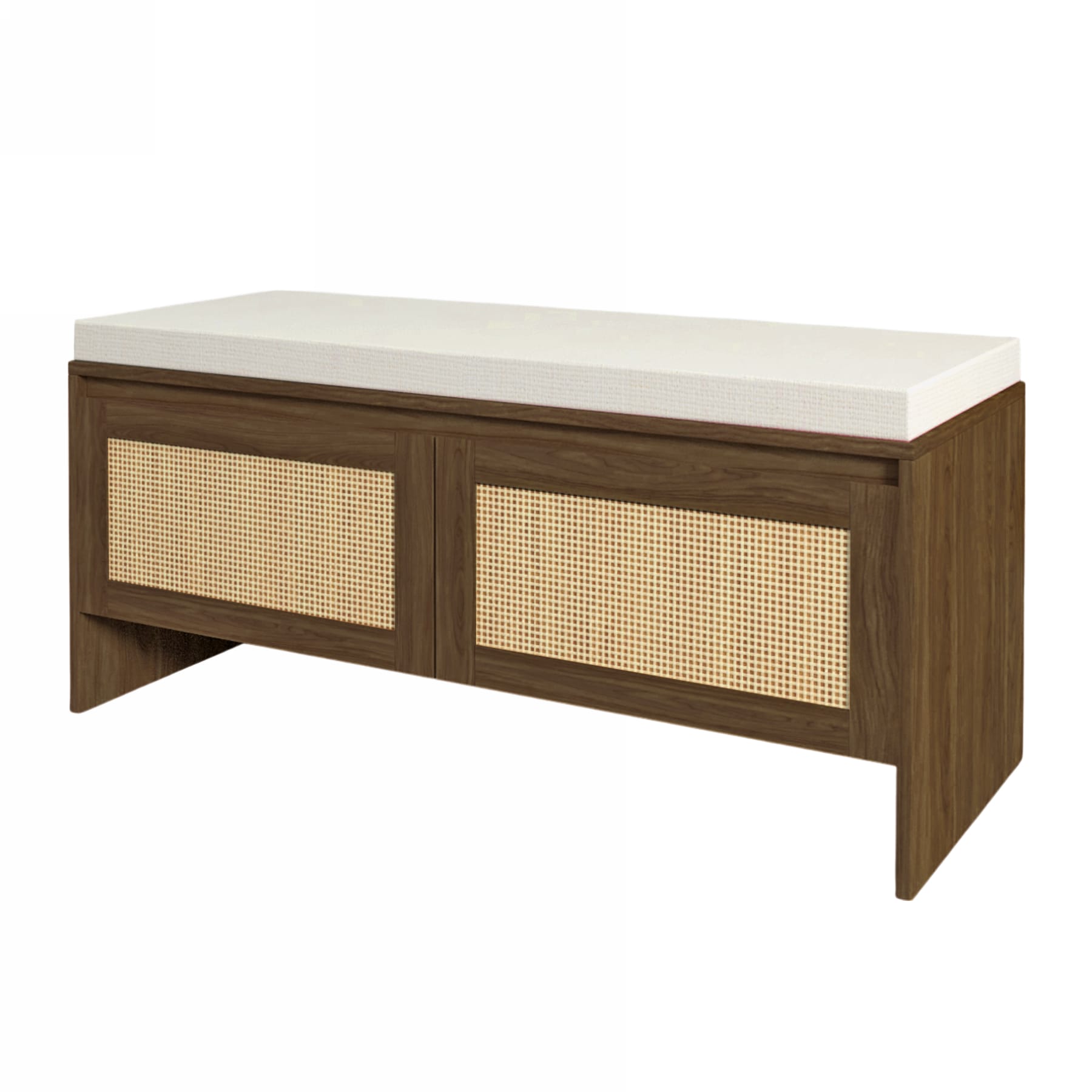 Entryway shoe storage bench with cushioned seat and two faux rattan cabinet doors on a white background