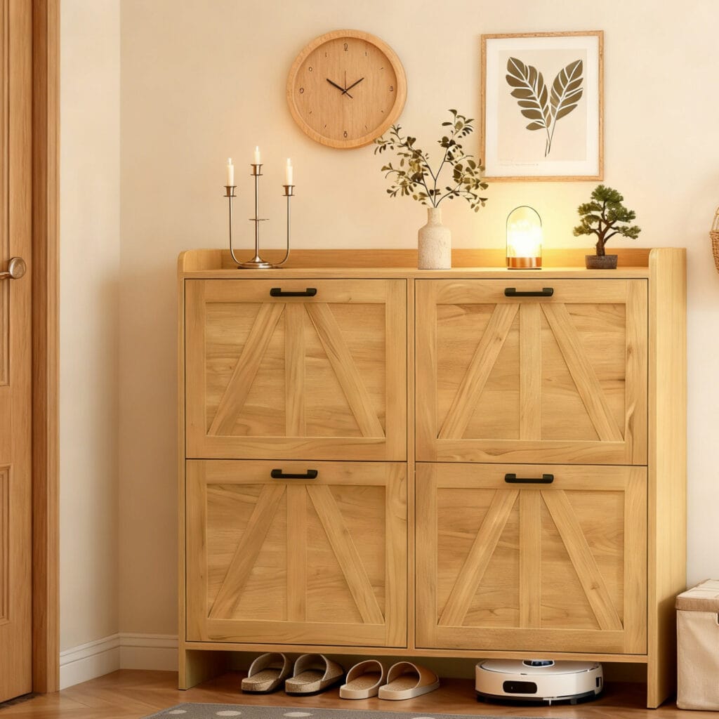 Light oak farmhouse shoe cabinet with four flip drawers and black handles in an entryway