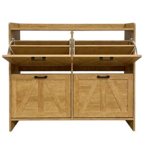 farmhouse-shoe-cabinet-open-flip-drawers-light-oak