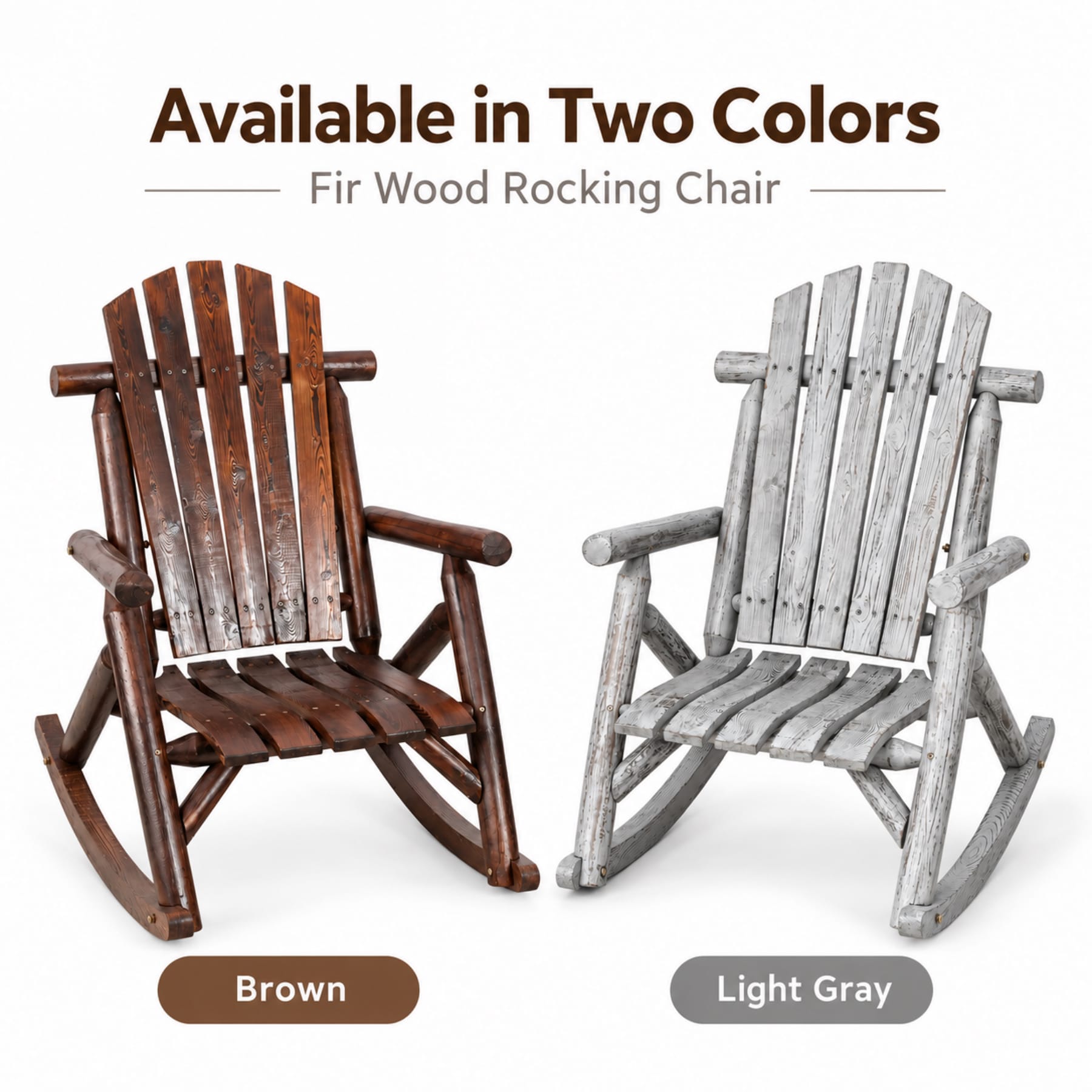 Fir wood porch rocking chairs shown in Brown and Light Gray color options