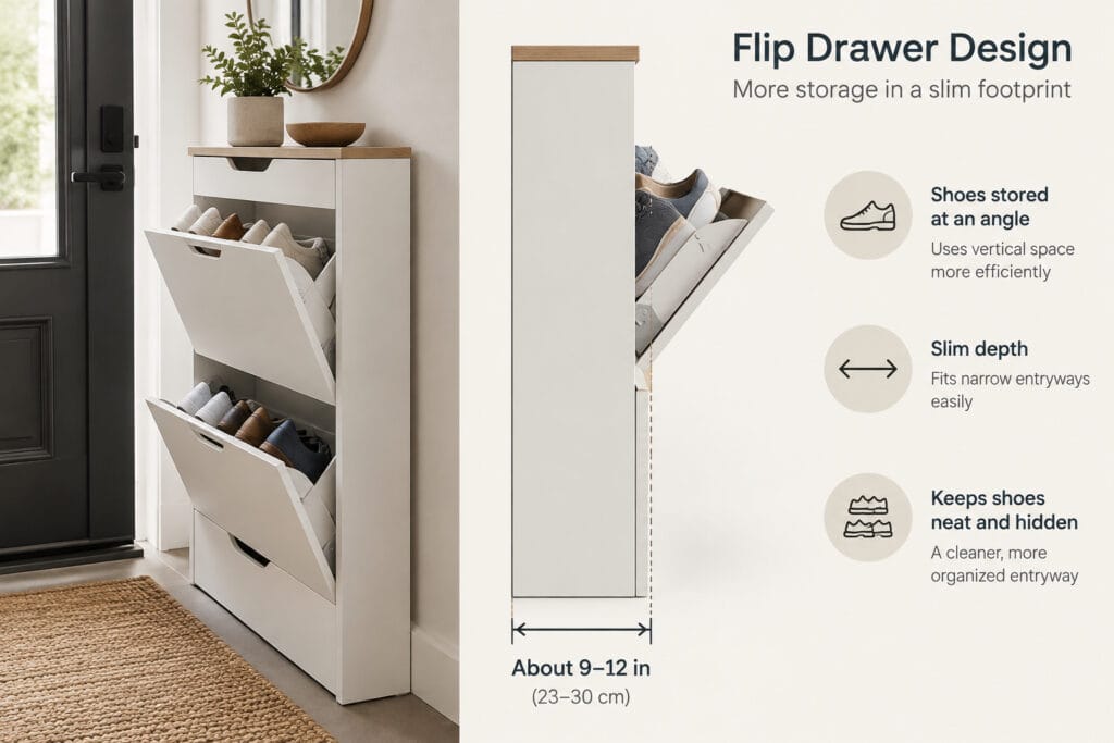 Flip drawer shoe cabinet storing shoes in a compact entryway footprint