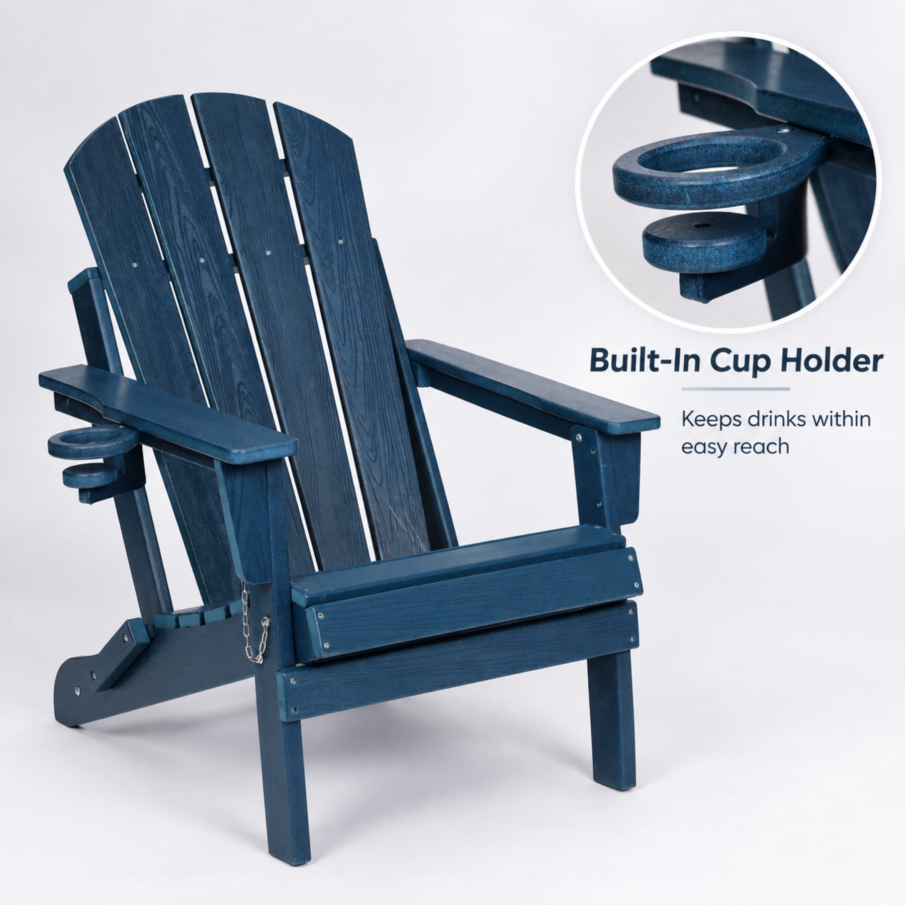 Navy Blue folding HDPE Adirondack chair with close-up of built-in cup holder