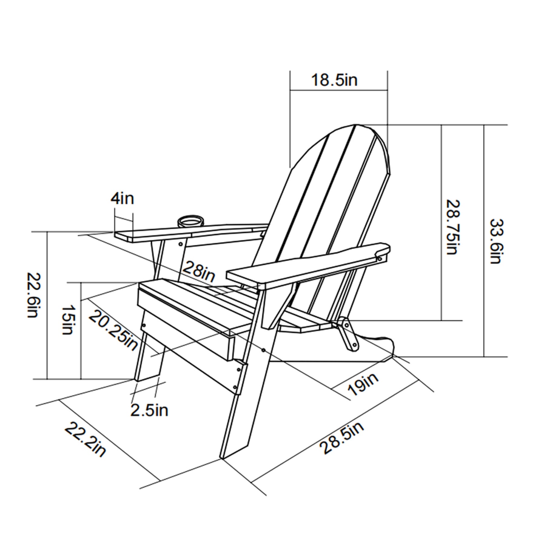 Folding HDPE Adirondack chair dimensions showing overall width, depth, and height
