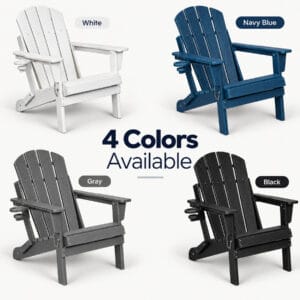 Folding HDPE Adirondack chair shown in White, Navy Blue, Gray, and Black color options