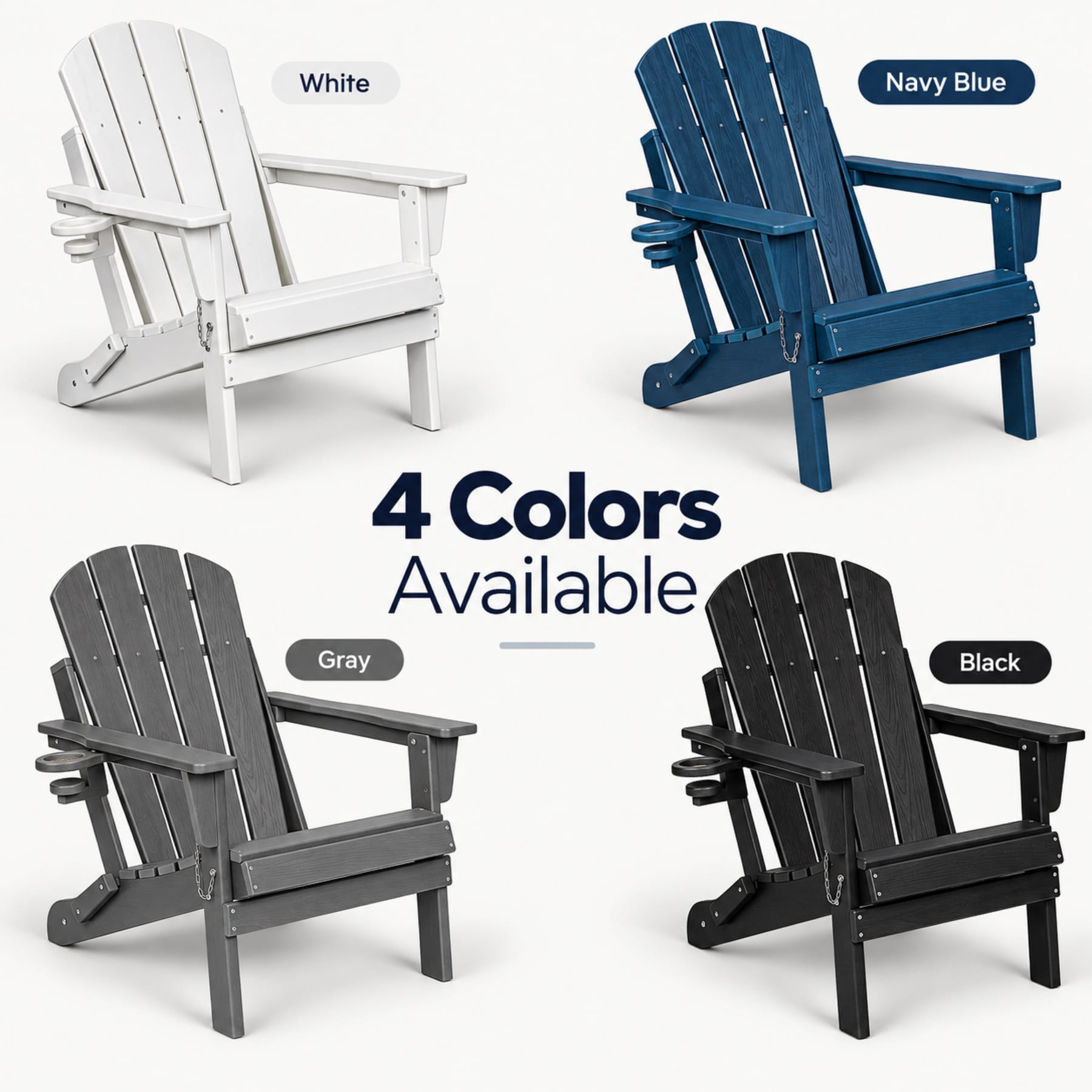 Folding HDPE Adirondack chair shown in White, Navy Blue, Gray, and Black color options