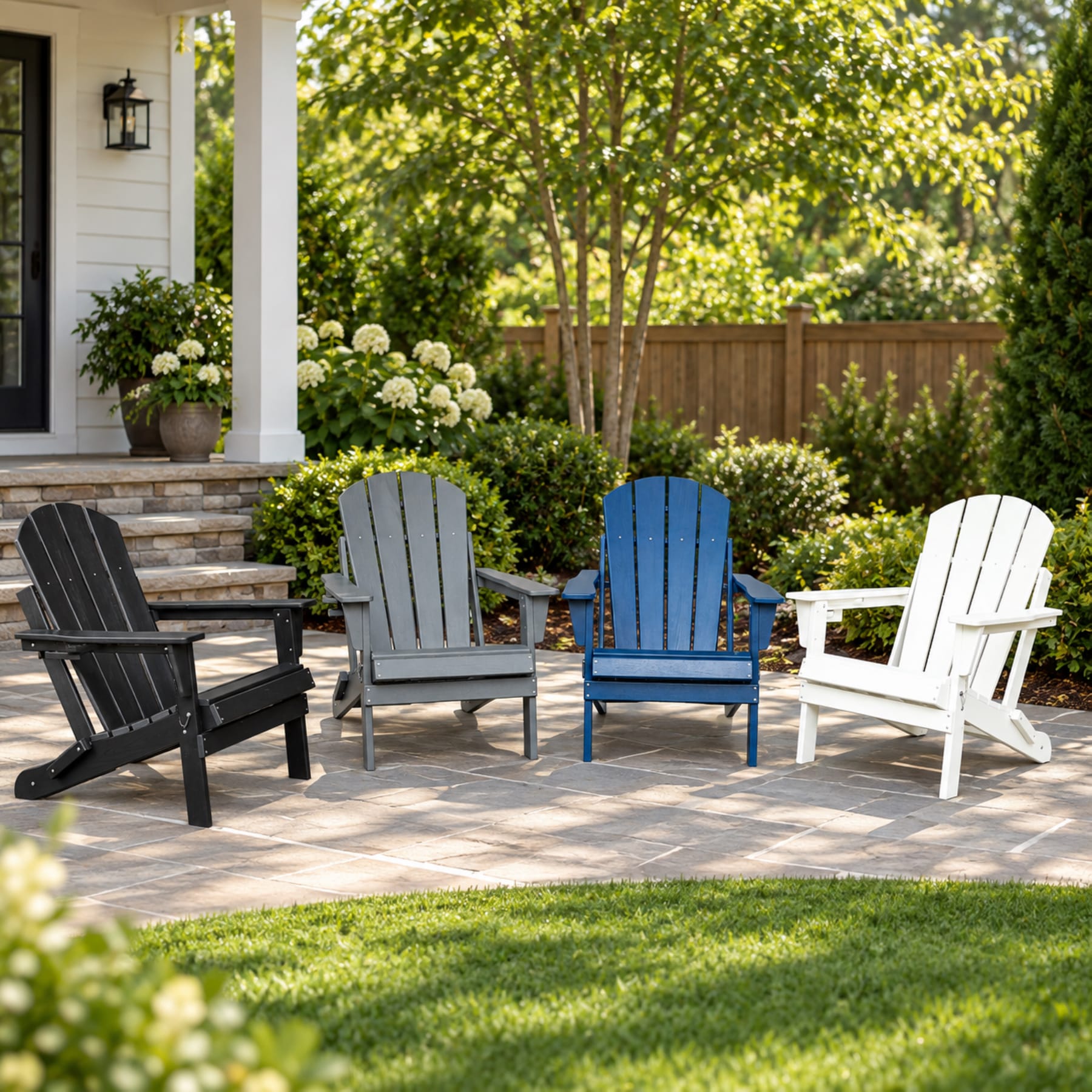 Folding HDPE Adirondack chairs in Black, Gray, Navy Blue, and White in an outdoor home setting