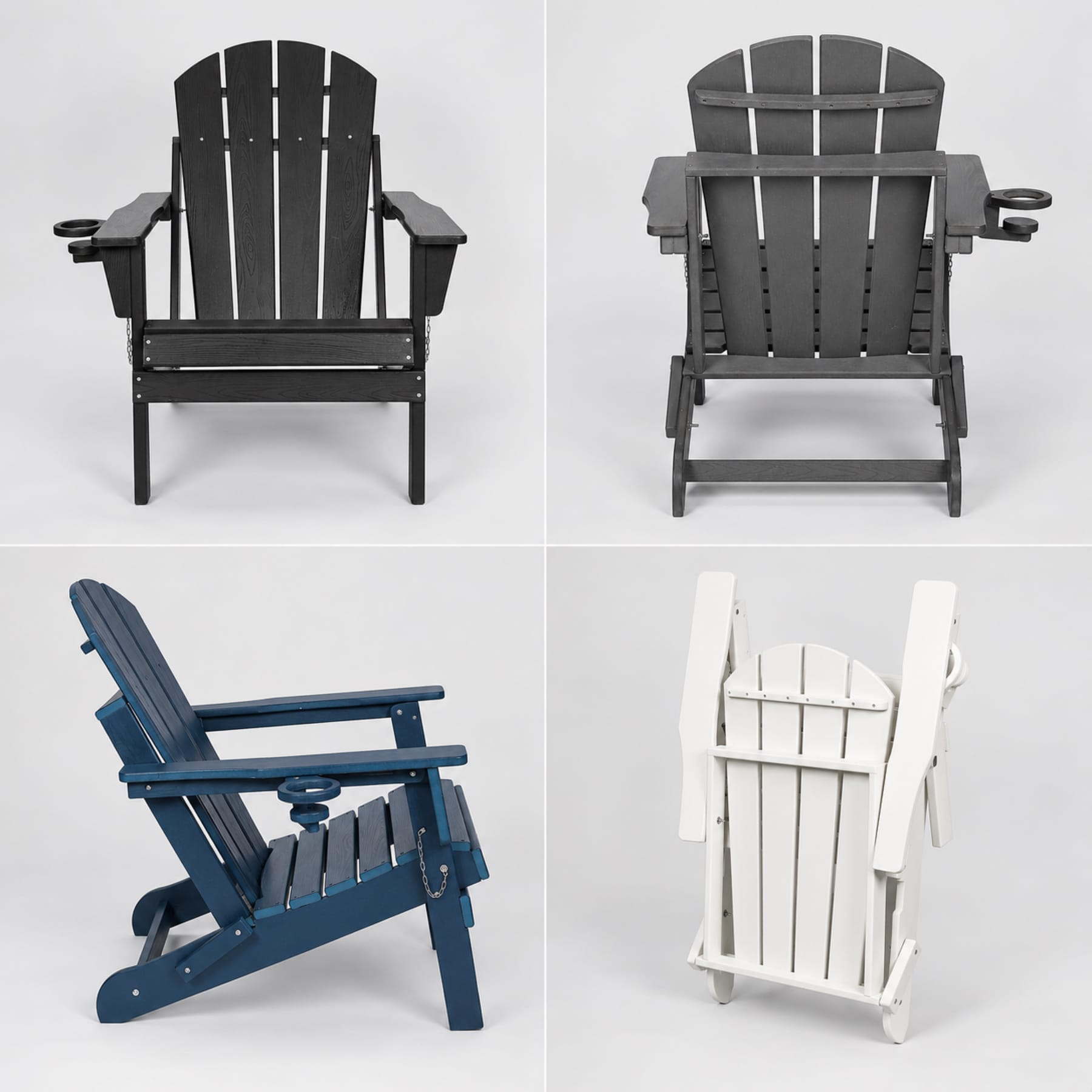 Folding HDPE Adirondack chair shown from front, rear, side, and folded views