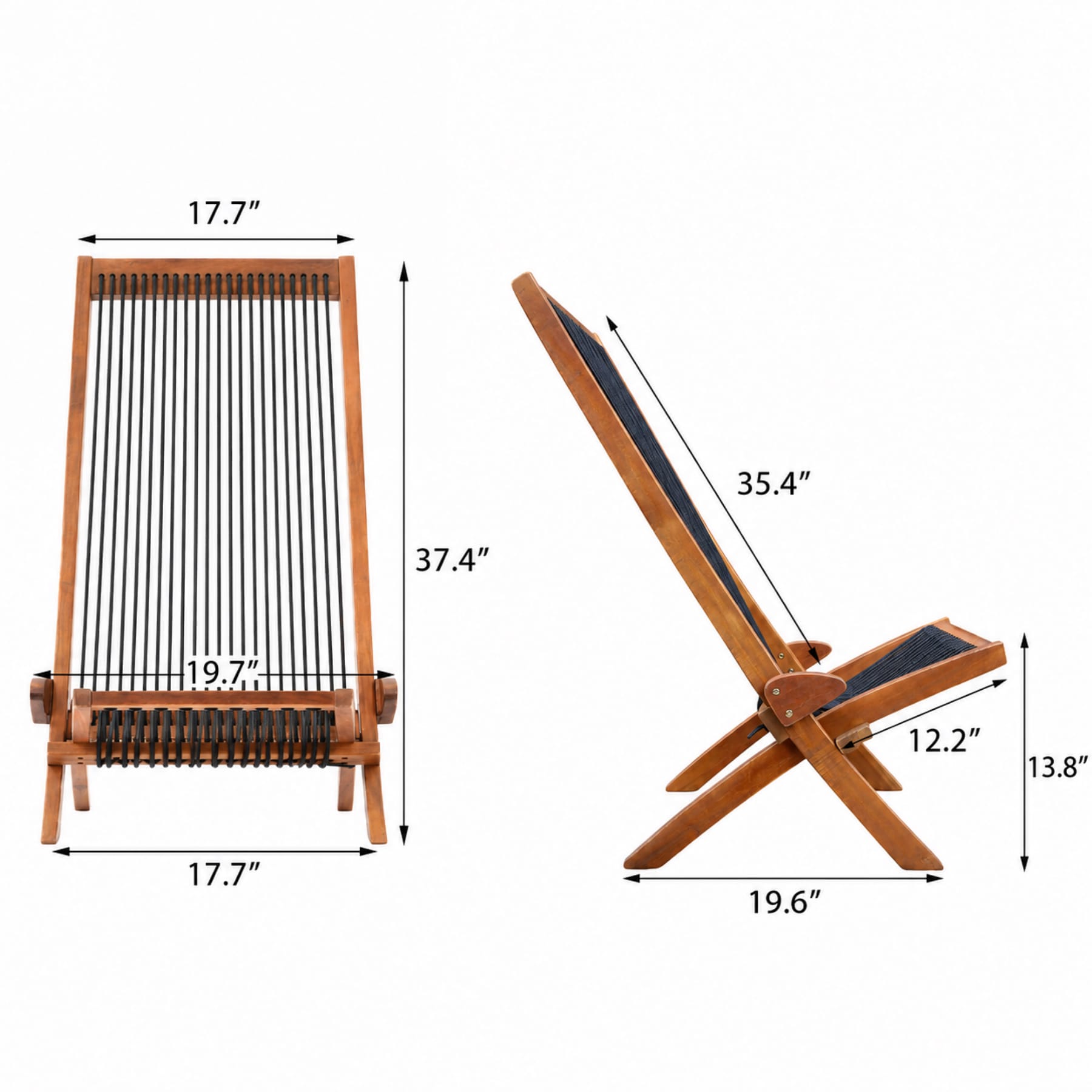 Folding solid wood rope porch chair dimensions showing height, width, seat depth, seat height, and floor depth