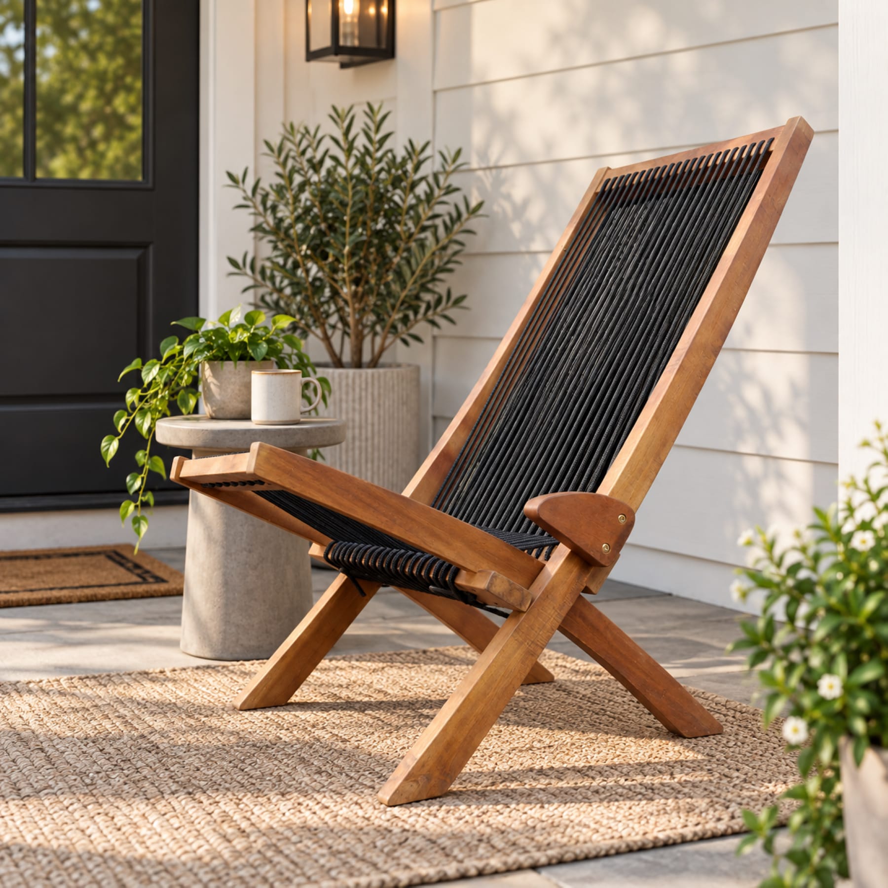 Folding solid wood rope porch chair on a bright front porch with side table and plants