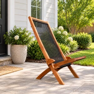 Folding solid wood rope porch chair in a bright American front porch setting