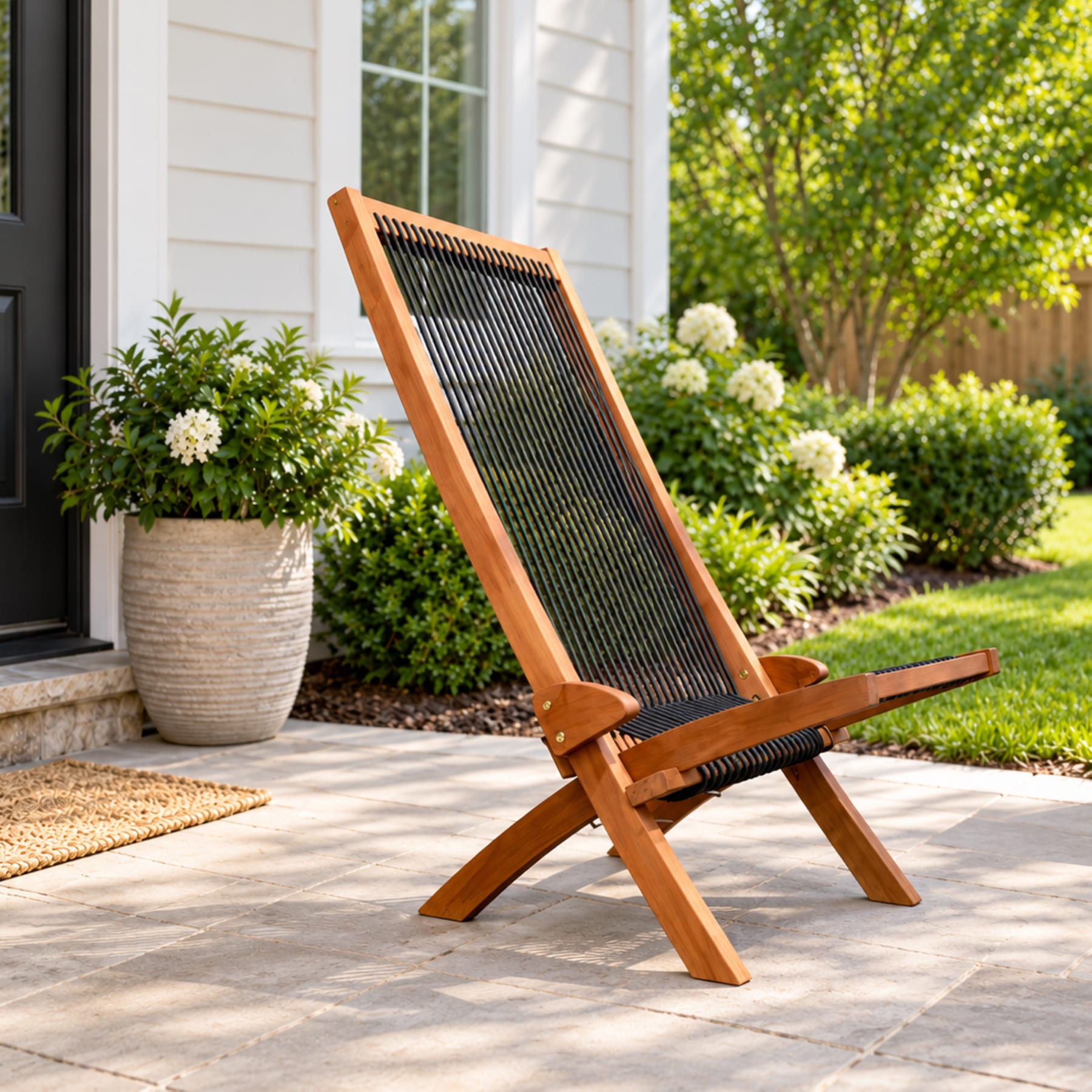 Folding solid wood rope porch chair in a bright American front porch setting