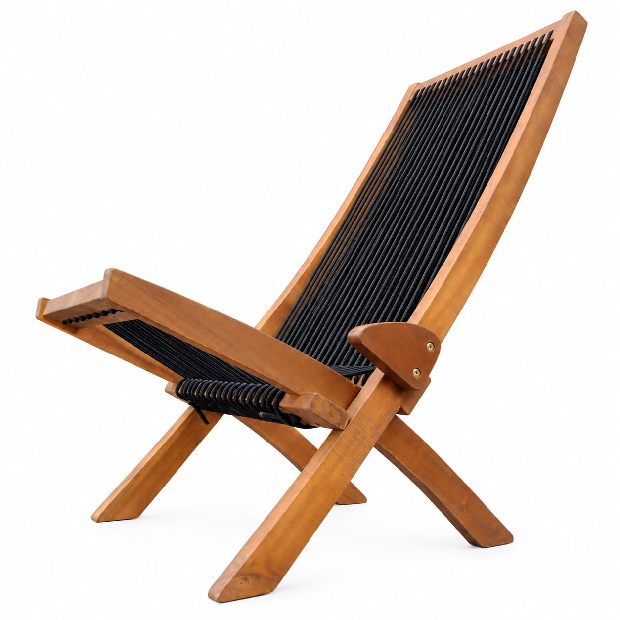 Folding solid wood rope porch chair with natural wood frame and black woven seat
