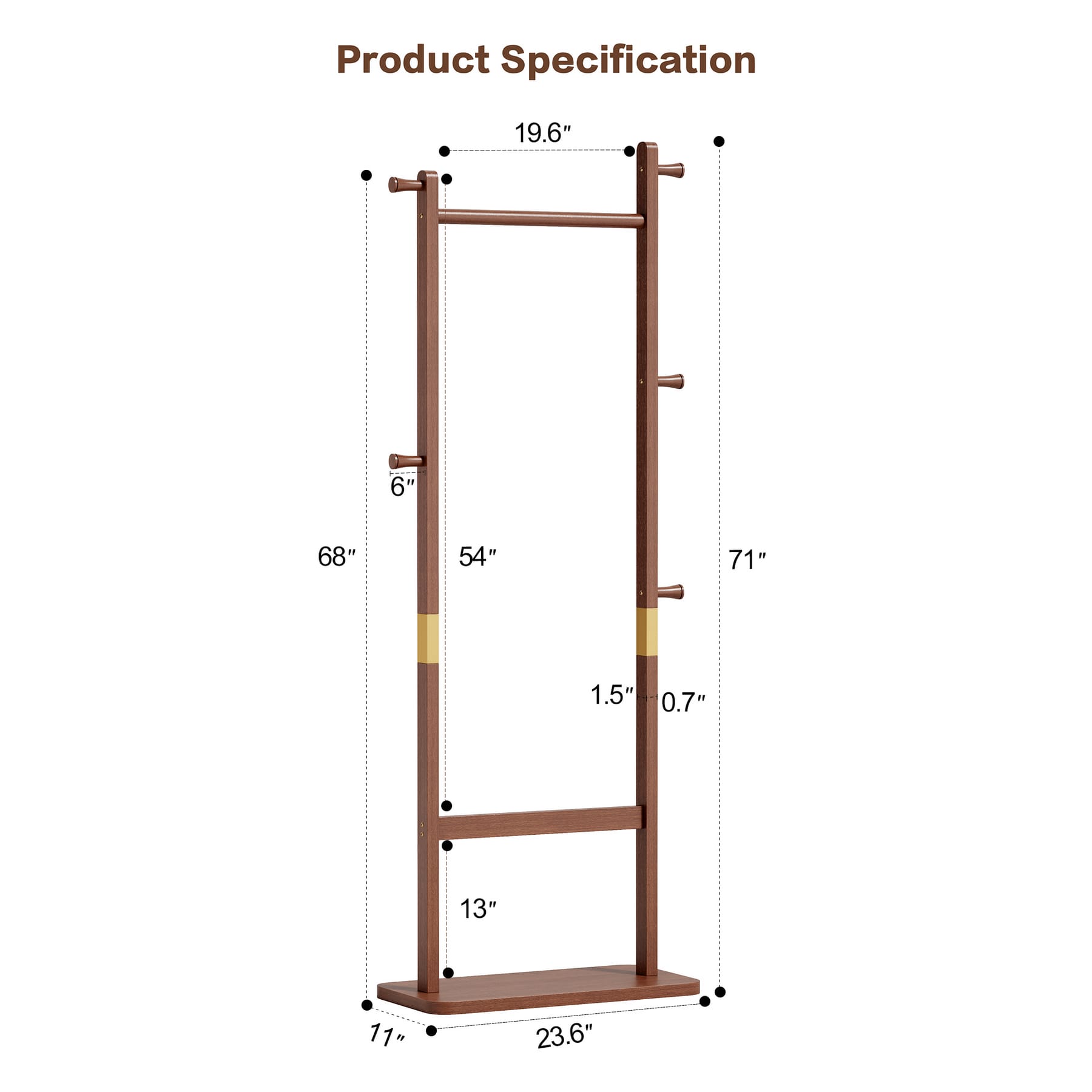 Freestanding solid wood coat rack dimensions showing overall height, width, depth, hanging space, and hook measurements