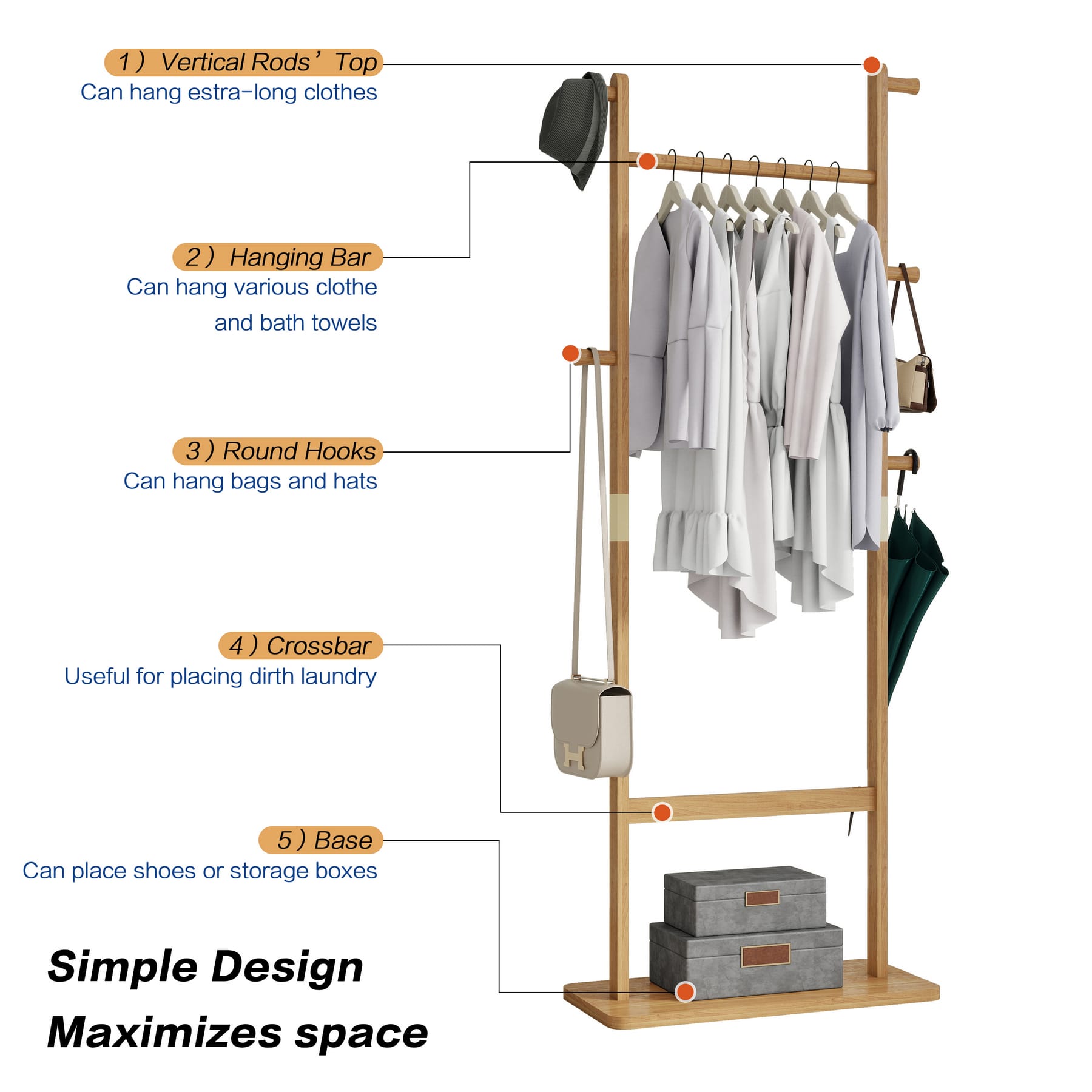 Freestanding solid wood coat rack showing hanging rod, side hooks, crossbar, and base storage features