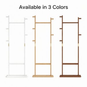 freestanding-solid-wood-coat-rack-three-colors Freestanding solid wood coat rack shown in White, Natural Wood, and Walnut color options