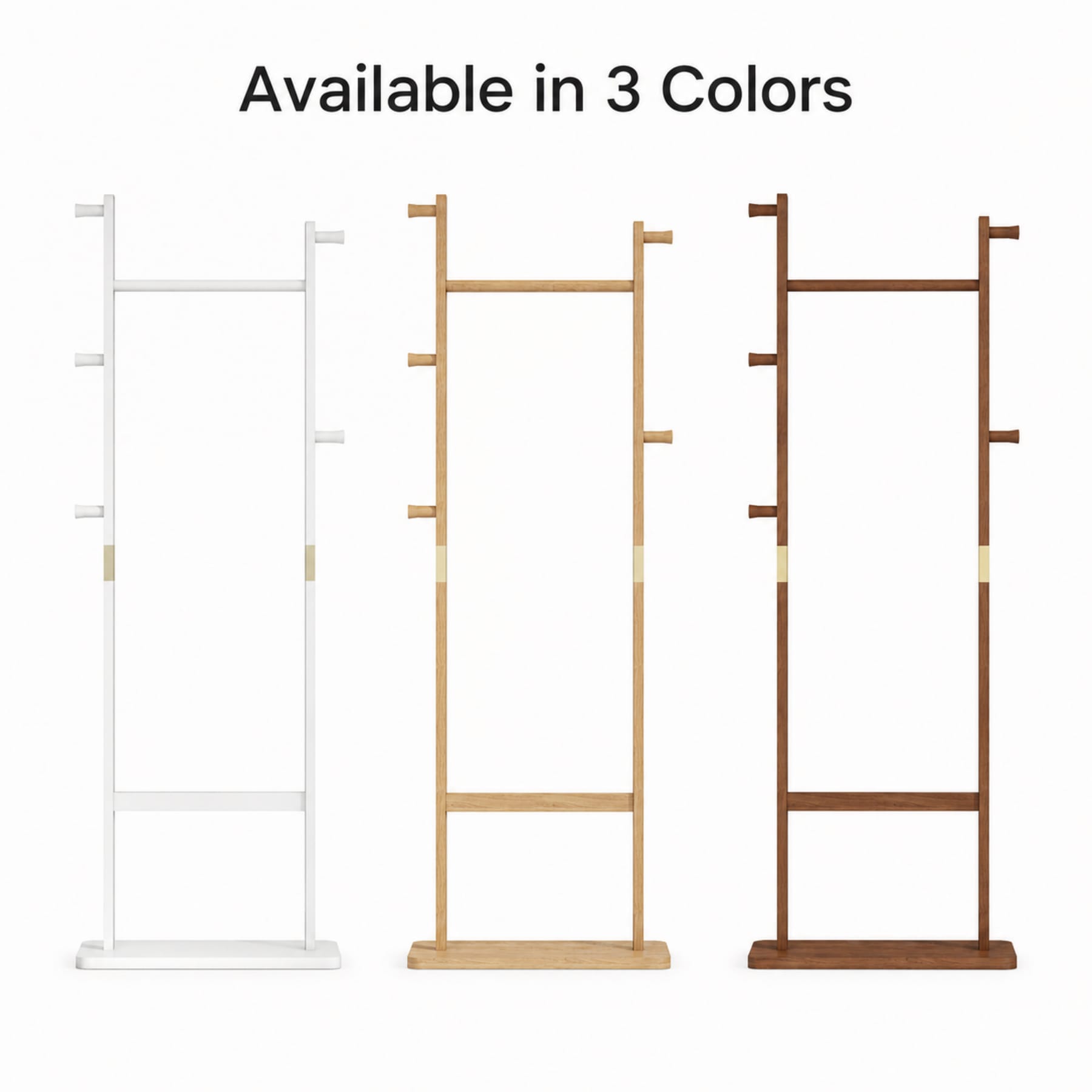 Freestanding solid wood coat rack shown in White, Natural Wood, and Walnut color options
