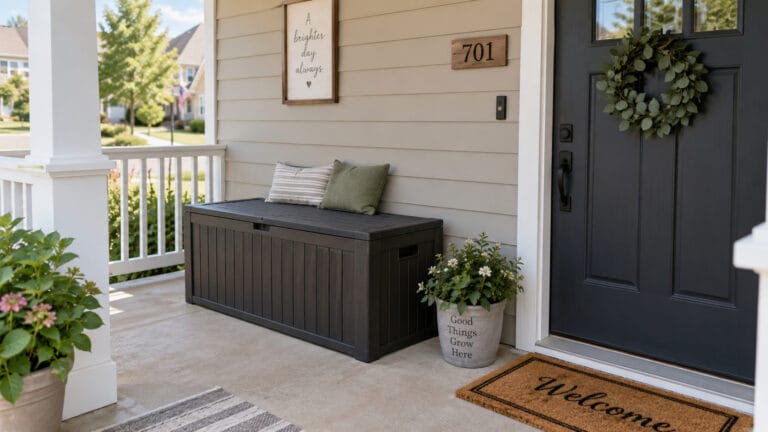 Deck box placed on a front porch with clear walking space near the front door
