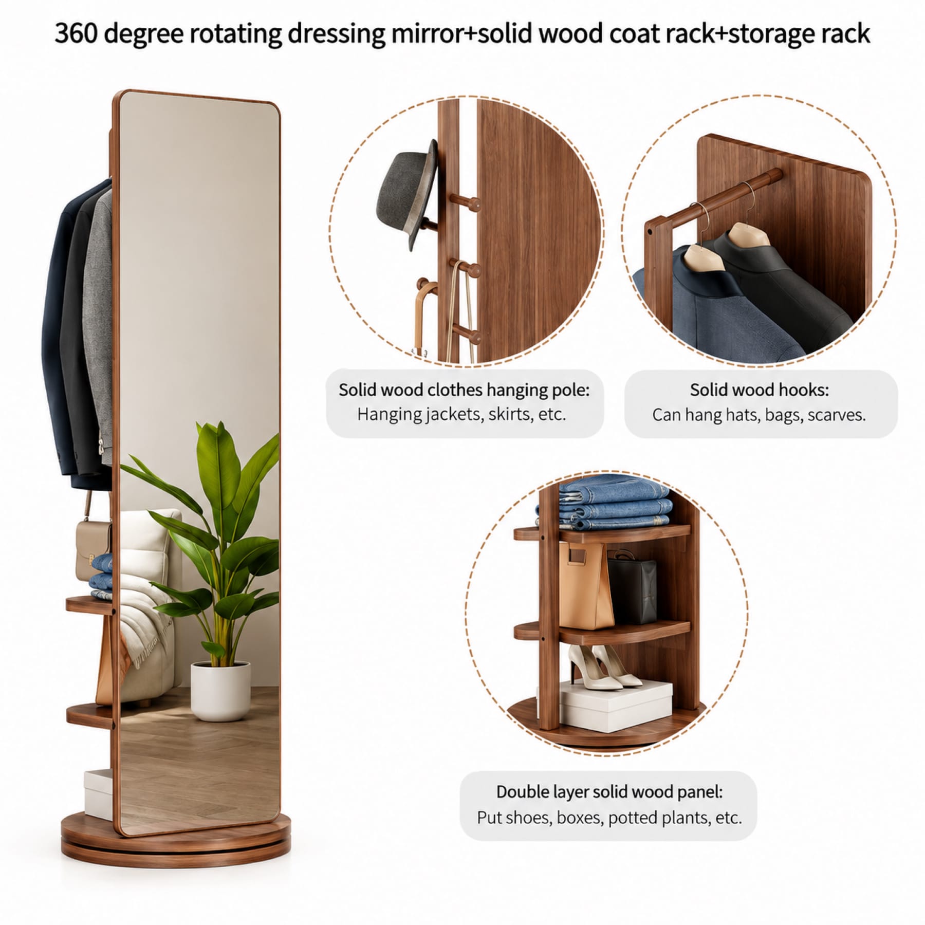 Full-length mirror with coat rack showing wood hooks, hanging rod, and two open storage shelves