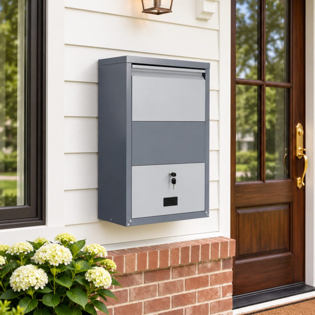 Gray wall-mounted package delivery box installed beside a front door on a residential porch