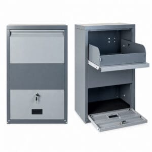 Gray wall-mounted package delivery box shown closed and open with a parcel drop tray and lockable storage compartment