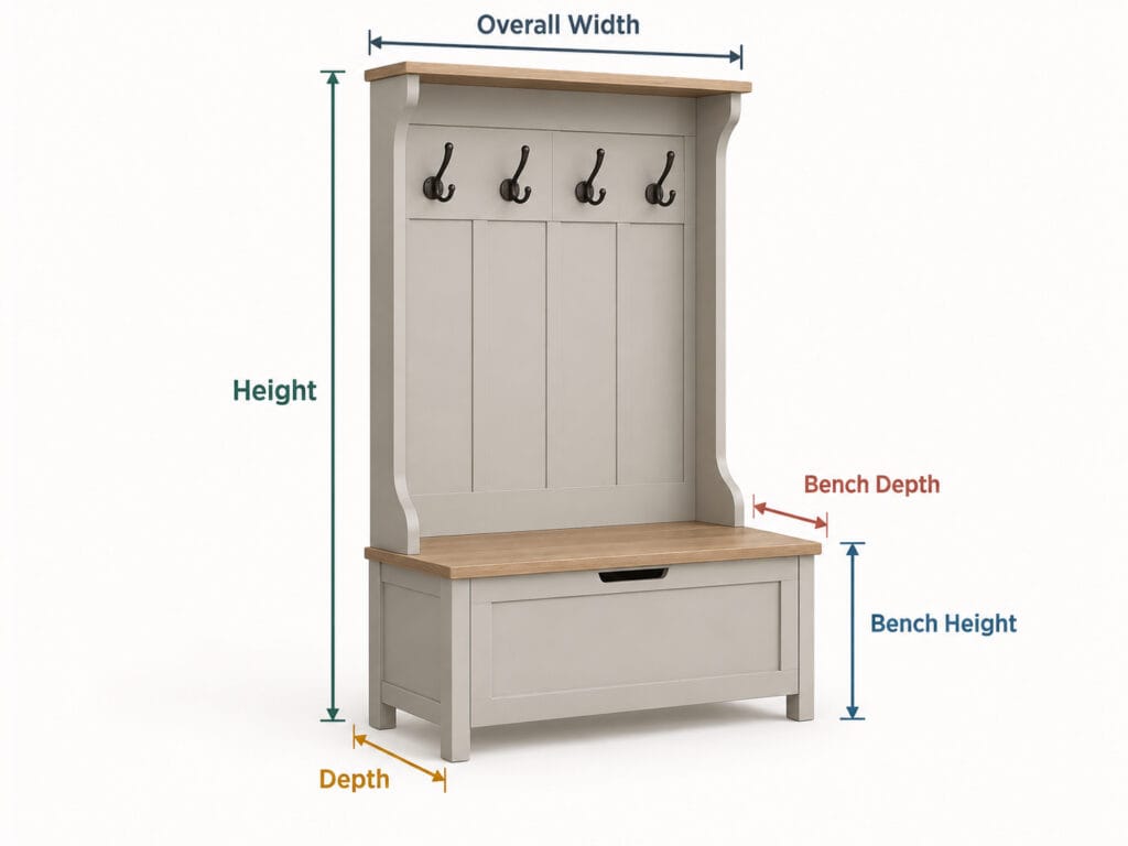 Hall tree dimensions showing overall width, depth, height, bench height and bench depth