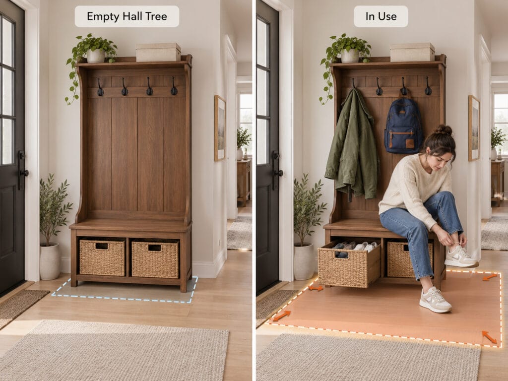 Hall tree comparison showing empty furniture footprint versus in-use space with coats, backpack, seating and open storage
