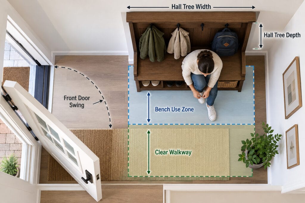 Top-down narrow entryway layout showing hall tree depth, bench use zone, front door swing and clear walkway