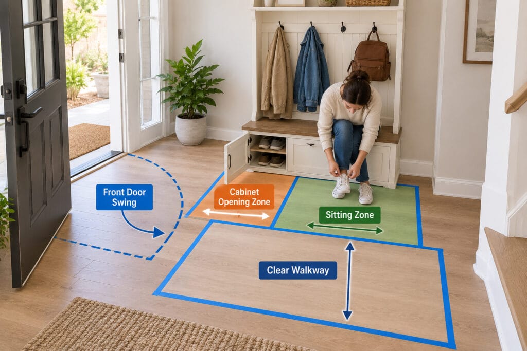 Painter's tape marking hall tree footprint, cabinet opening space, sitting zone and clear walkway in an entryway