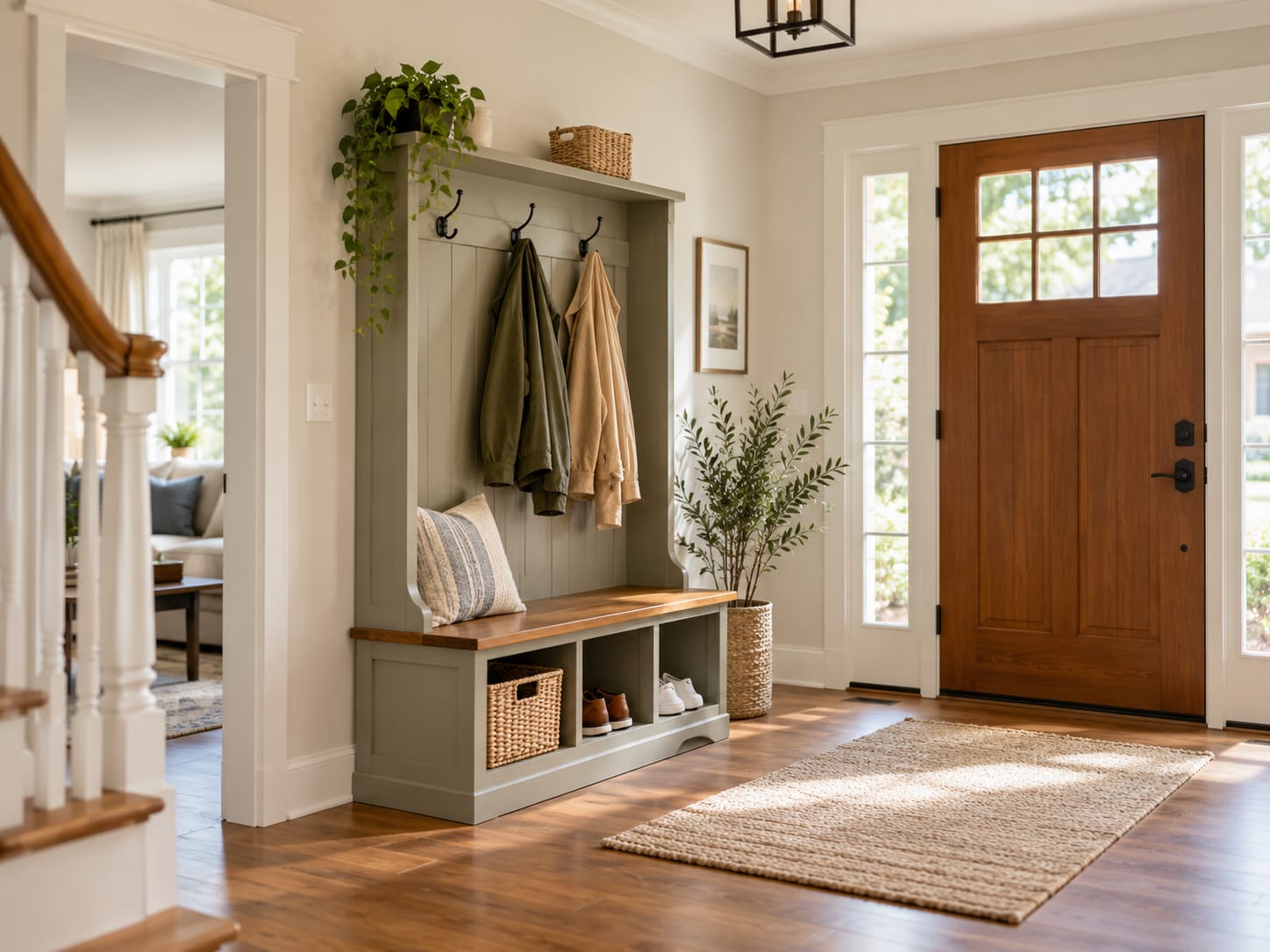 Hall tree with bench, coats and shoe storage in a small entryway with a clear walkway to the front door