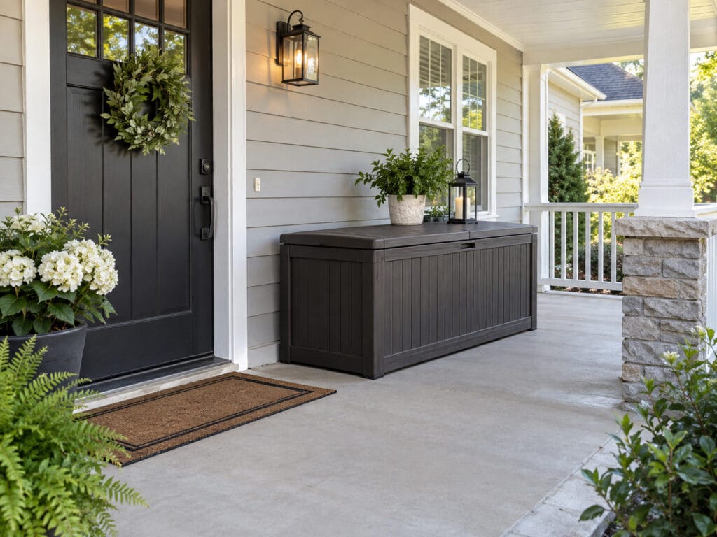 Large deck box positioned beside a front door without blocking the main walkway