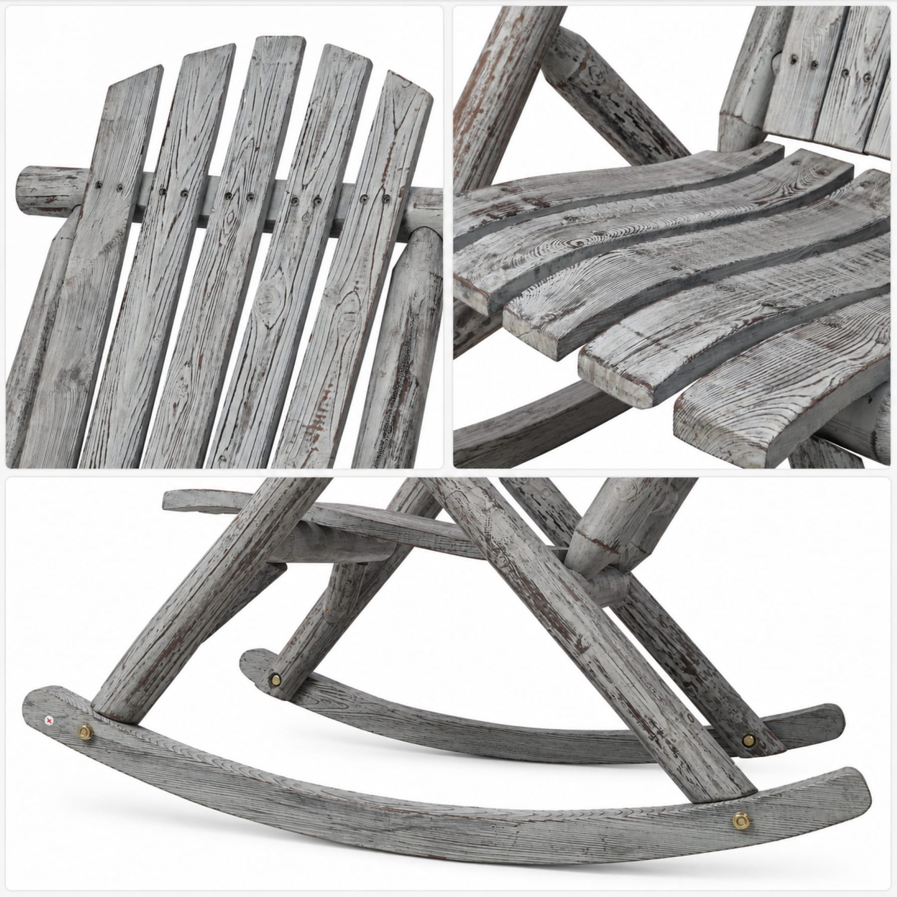 Close-up details of Light Gray fir wood rocking chair showing slatted backrest, contoured seat, and curved rocker rails