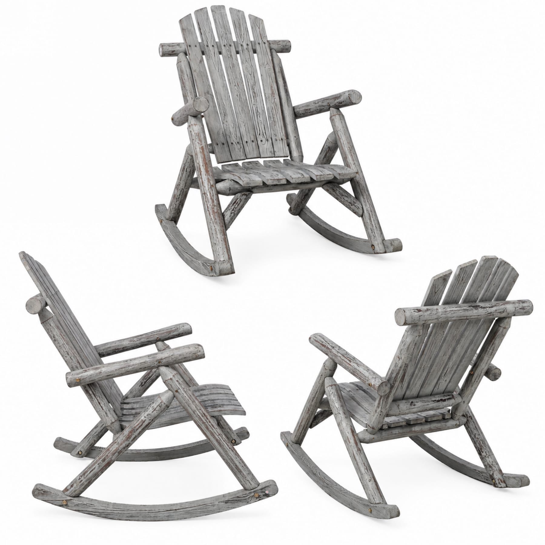 Light gray fir wood porch rocking chair shown from front, side, and rear views