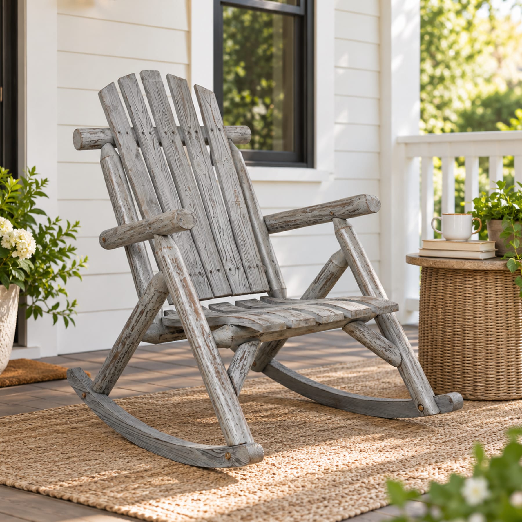 Light gray fir wood porch rocking chair with slatted seat and high back on a front porch