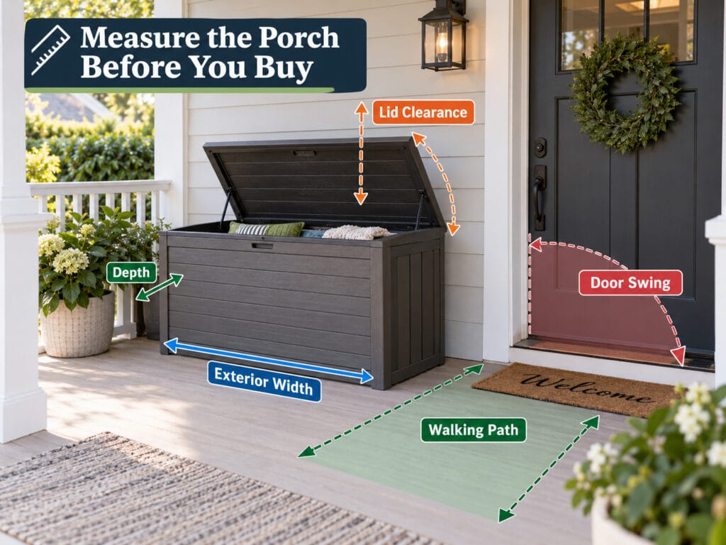 Deck box measurement diagram showing width depth lid clearance door swing and walking space