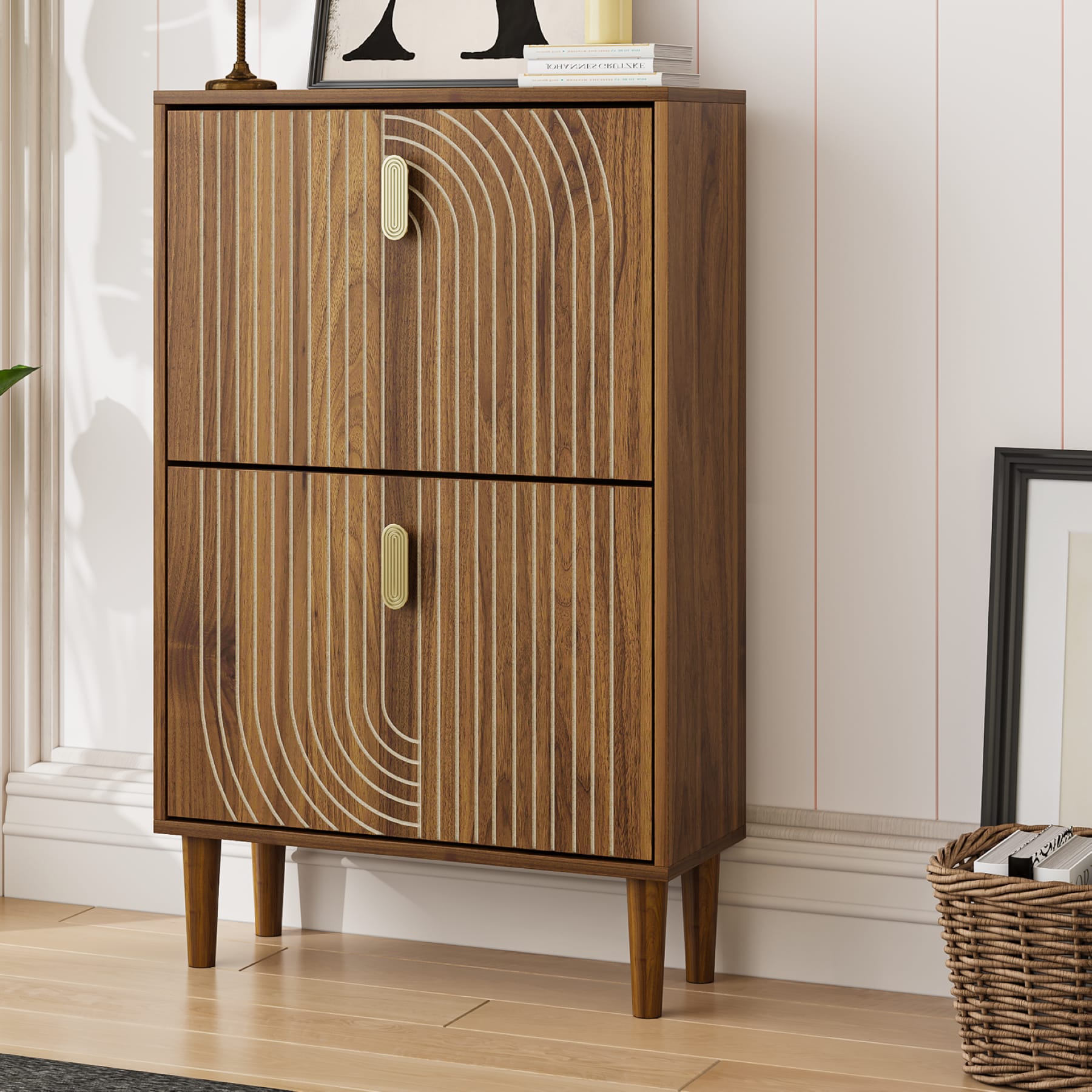 Narrow brown shoe cabinet with two flip-down drawers in a bright small entryway