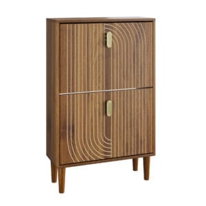 Narrow brown shoe cabinet with two flip-down drawers and grooved fronts on a white background