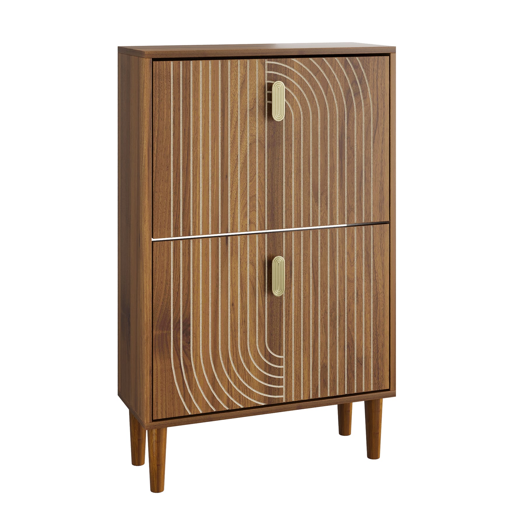 Narrow brown shoe cabinet with two flip-down drawers and grooved fronts on a white background