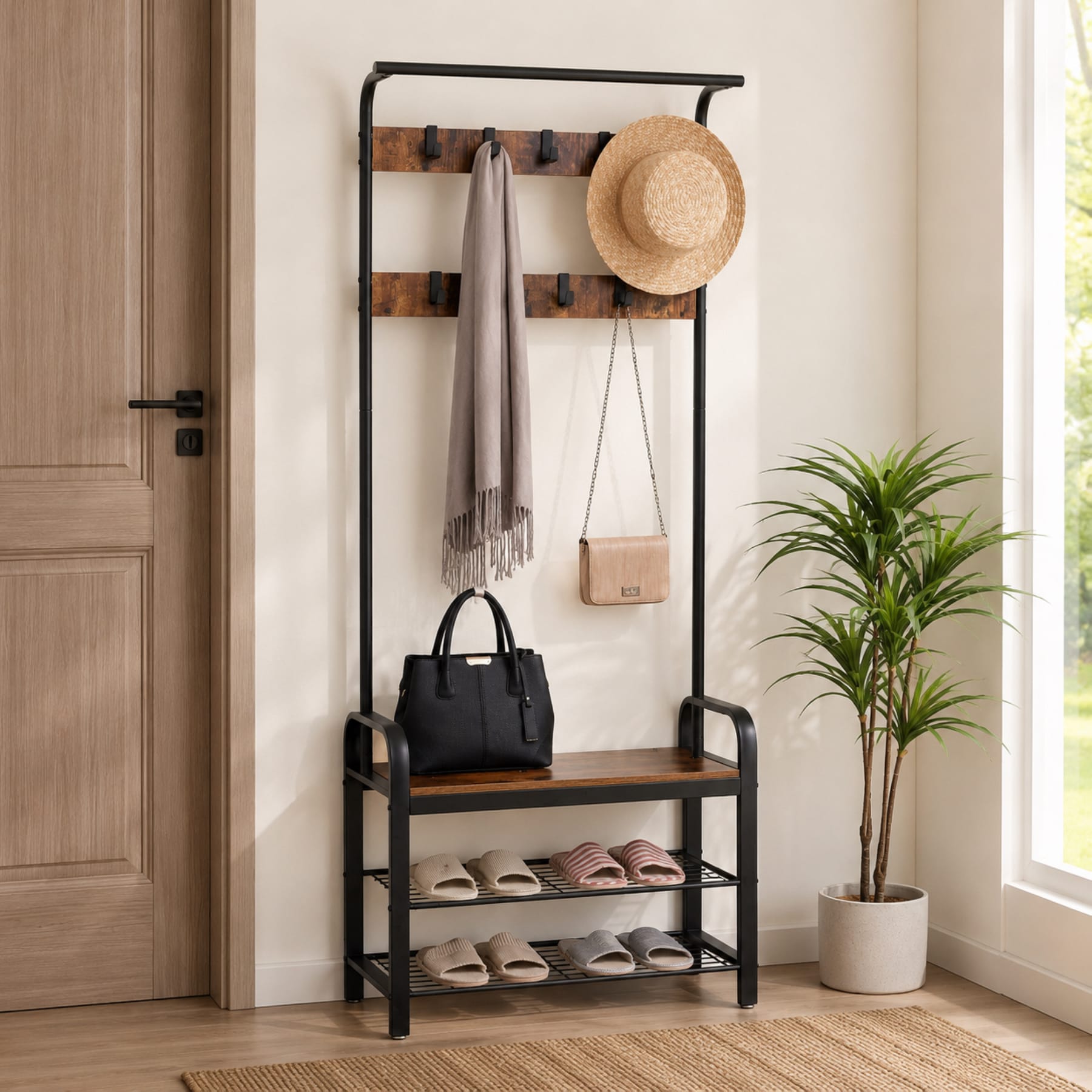 Narrow hall tree with shoe bench, hooks, hanging rod, and two-tier shoe storage beside an entryway door