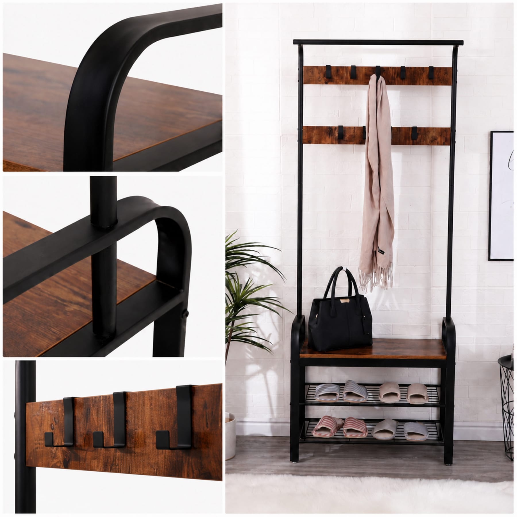 Close-up details of a narrow hall tree showing removable hooks, black metal frame, wood-look bench, and shoe storage