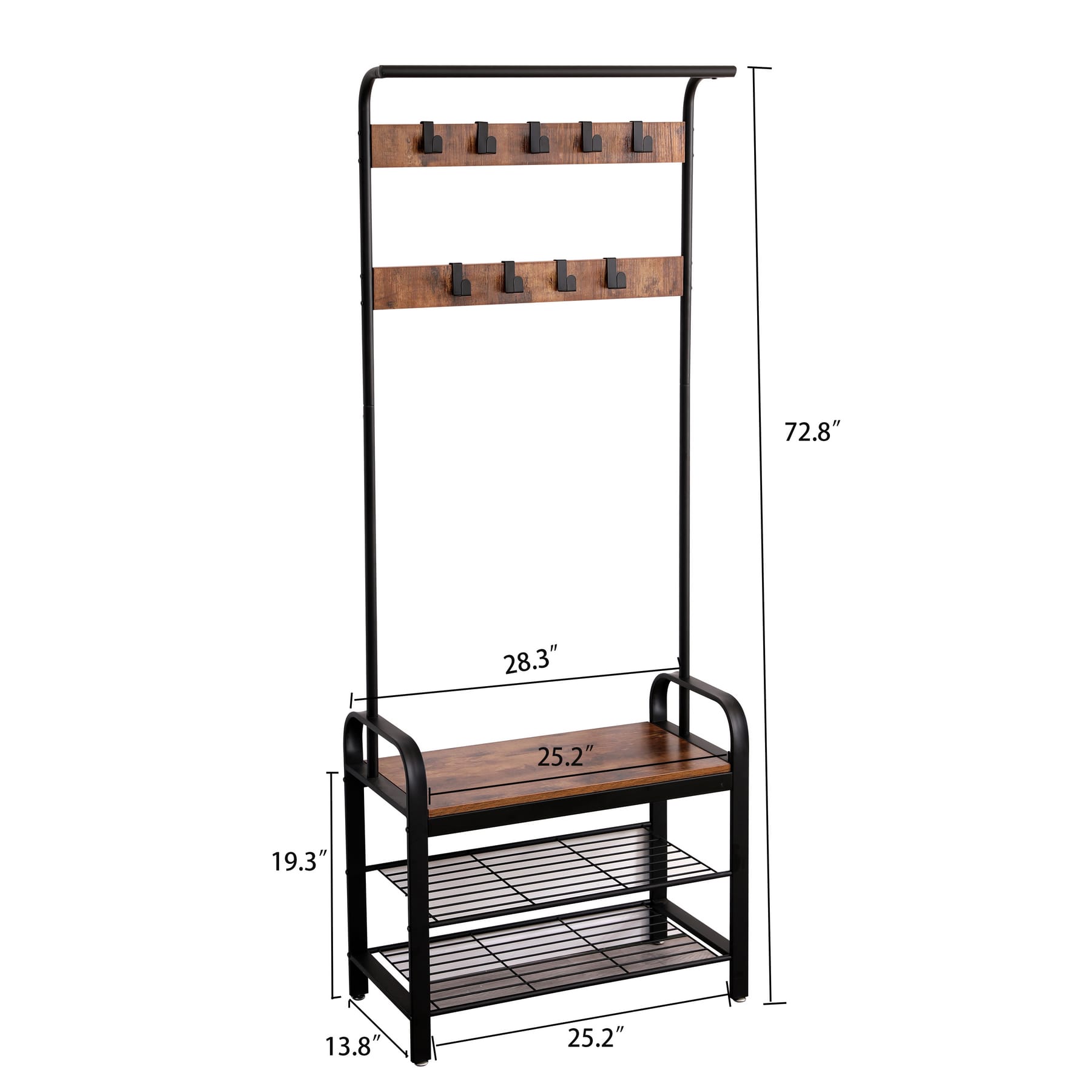 Narrow hall tree dimensions showing the overall width, depth, and height for entryway placement