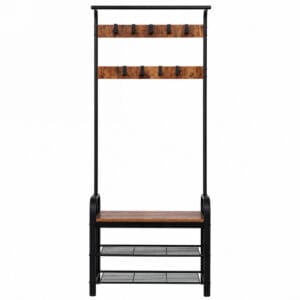 narrow-hall-tree-shoe-bench-white-background Narrow hall tree with shoe bench, two-tier shoe rack, 9 hooks, and hanging rod on a white background