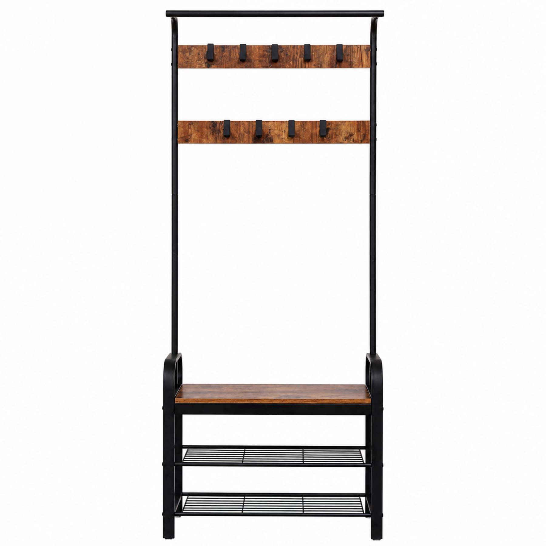 Narrow hall tree with shoe bench, two-tier shoe rack, 9 hooks, and hanging rod on a white background