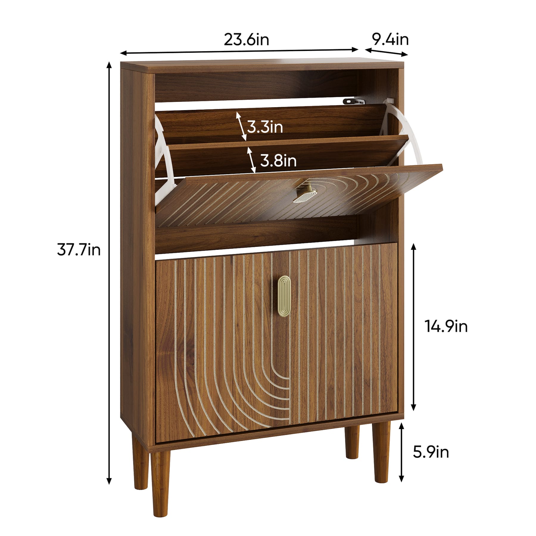 Narrow two-drawer shoe cabinet dimensions showing 23.6-inch width, 9.4-inch depth, 37.7-inch height, and interior shelf spacing