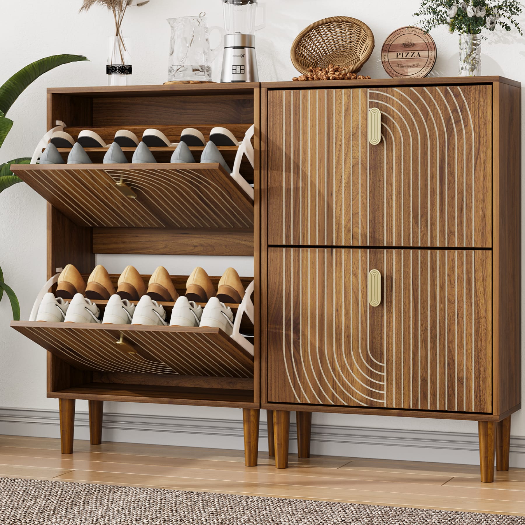 Narrow brown shoe cabinet with two flip-down drawers open to show adjustable shoe storage in an entryway
