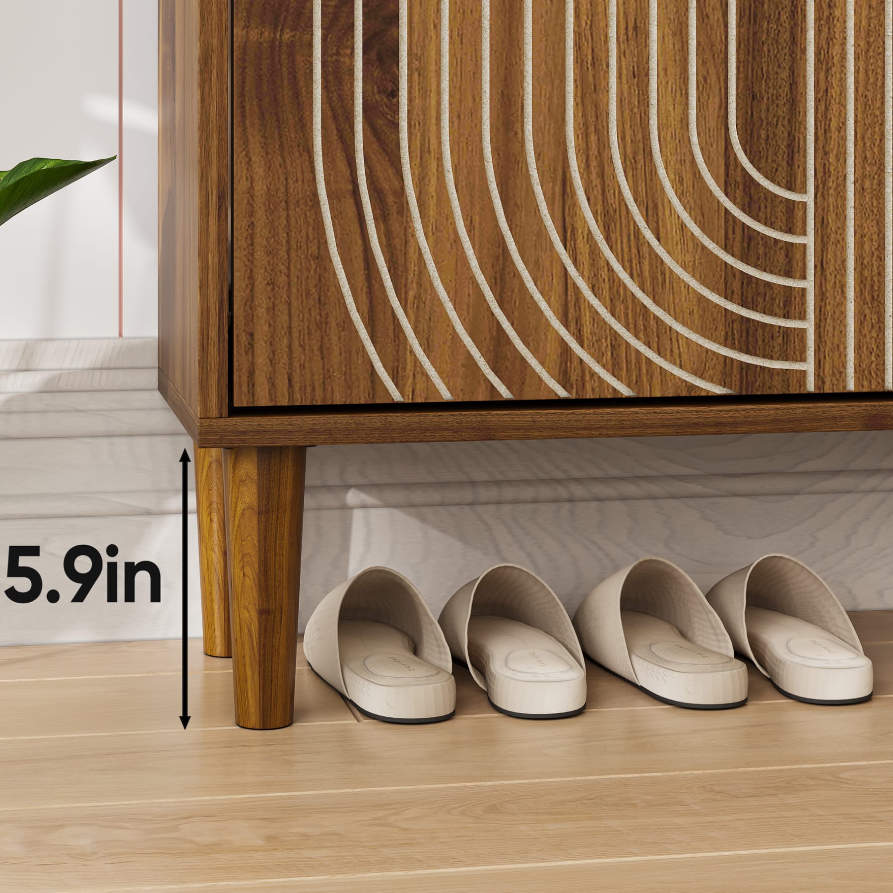Narrow brown shoe cabinet with 5.9-inch raised leg clearance for storing shoes underneath