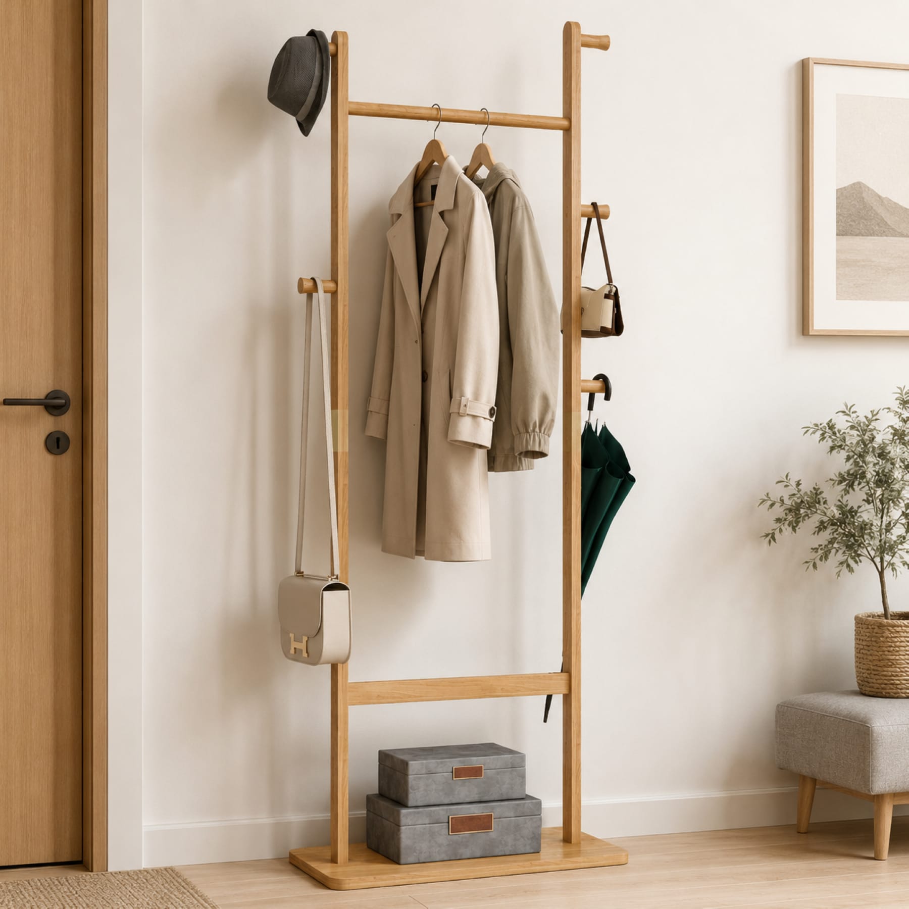 Natural wood freestanding coat rack with hanging rod and side hooks for coats, hats, bags, and entryway accessories