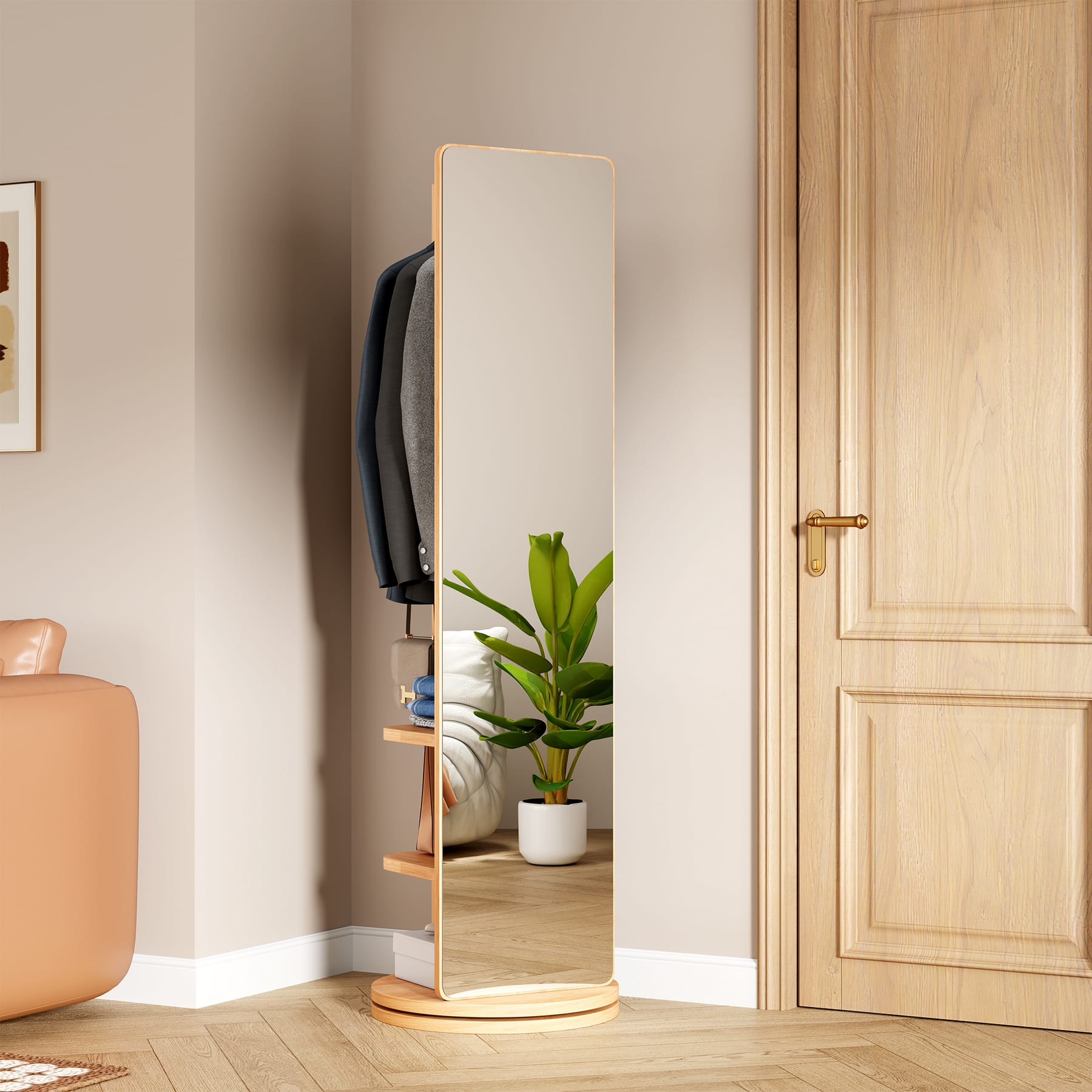 Natural wood full-length mirror with coat rack, wood hooks, hanging rod, and storage shelves in an entryway