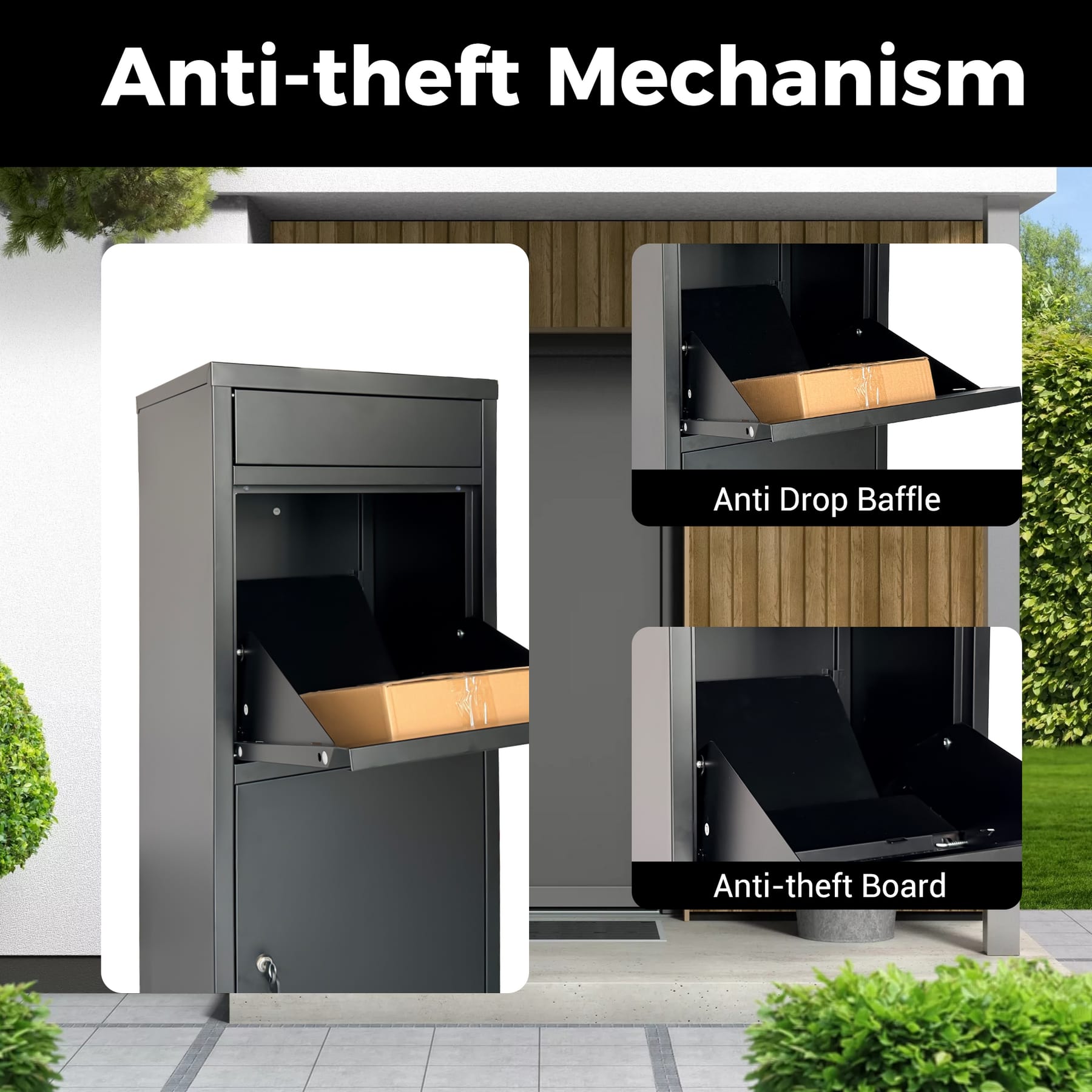 Black outdoor package delivery box showing its internal anti-theft baffle and protective metal barrier