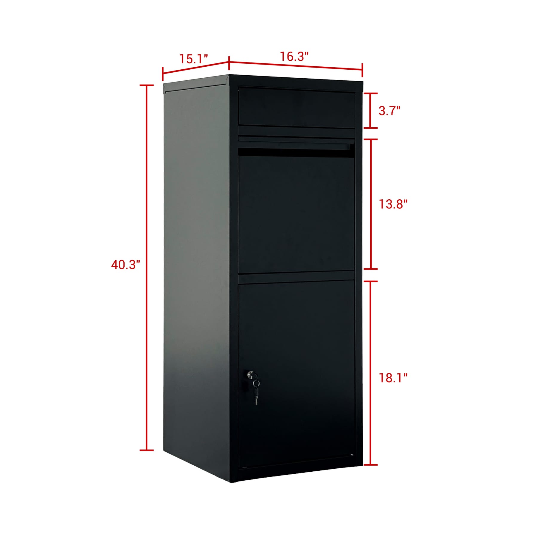 Black outdoor package delivery box dimensions showing 40.3-inch height, 16.3-inch width, and 15.1-inch depth